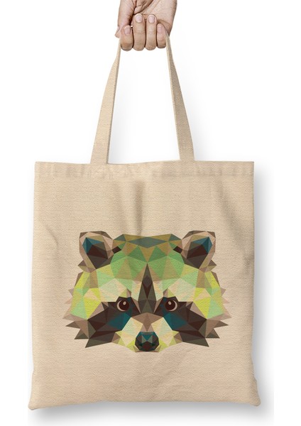 Geometric Animal Raccoon Bez Çanta Uzun Saplı