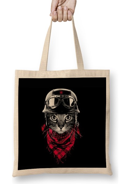 Pilot Kedi Pilot Cat Tasarım Bez Çanta Uzun Saplı