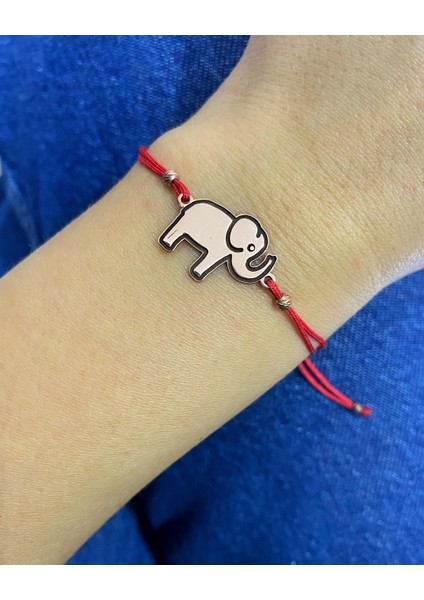 Kadın Gümüş Kırmızı Ipli Rose Fil Figürlü Bileklik