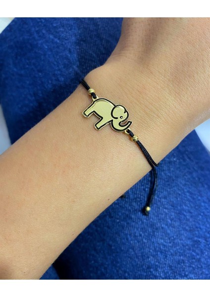 Kadın Gümüş Siyah Ipli Gold Fil Figürlü Bileklik