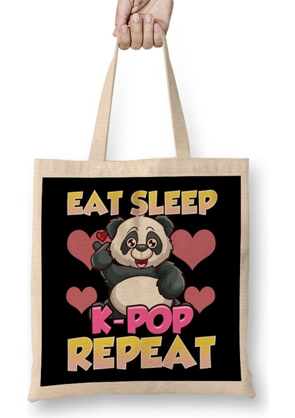 Cute Eat Sleep K-Pop Repeat Kawaii Panda Kpop Bez Çanta Uzun Saplı