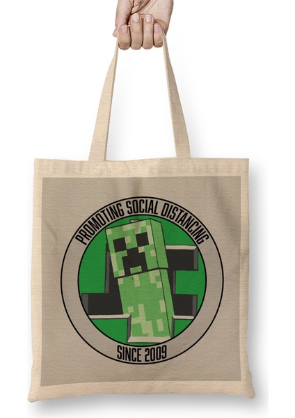 Minecraft Creeper Colored Bez Çanta Uzun Saplı