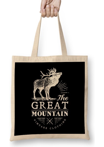 Retro Animal Stag Great Mountain Vintage Clothing White Bez Çanta Uzun Saplı