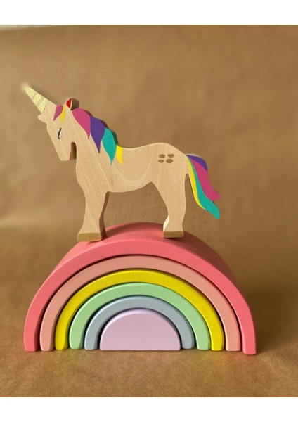 Ahşap Waldorf Unicorn Gökkuşağı Değnek Oyuncak Seti Masal Oyuncakları