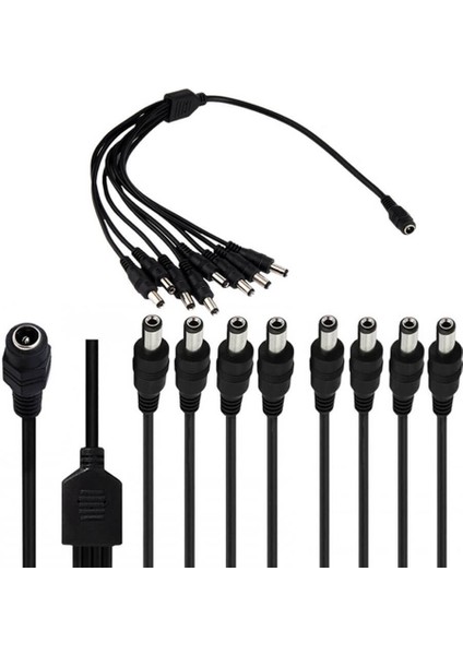 8'li Dc Adaptör Çoklayıcı Kablo 5.5*2.1mm - 1 Dişi 8 Erkek - Şerit LED Cctv Power Jack - 40CM