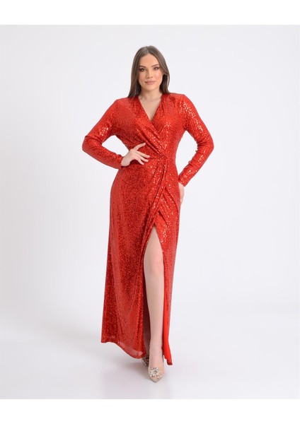 Kırmızı Payet Kruvaze Uzun Abiye