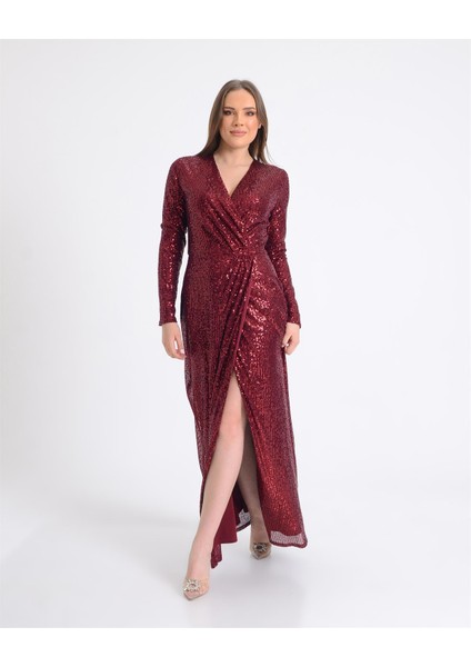 Bordo Payet Kruvaze Uzun Abiye