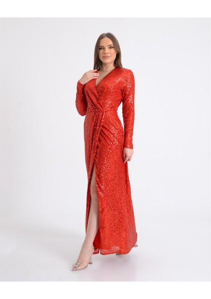 Kırmızı Payet Kruvaze Uzun Abiye fiyatları