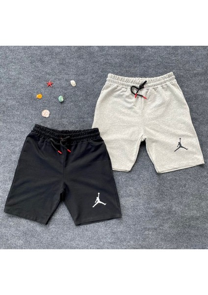 Büyük Beden Özel Tasarım Jordan Baskılı Pamuk Erkek 2li Bermuda Şort