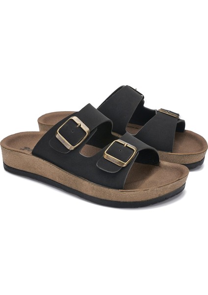 Günlük Kadın - Erkek Çift Tokalı Bantlı Desenli Mantar Taban Terlik 245 - 77734 - 34132