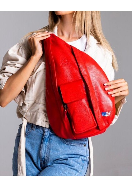 Unisex Çapraz Çanta Hakiki Deri Floater Kırmızı Sling Bag (Rfid Koruma)