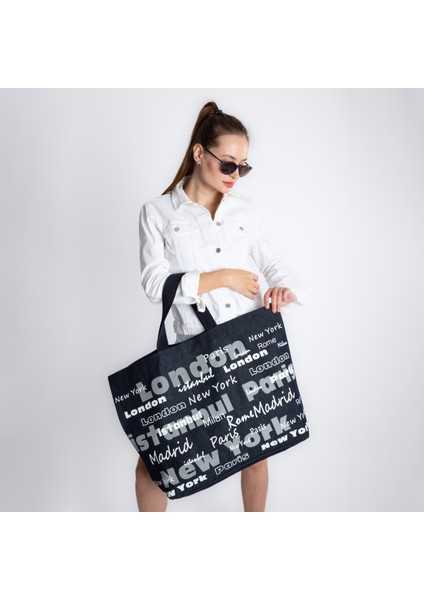 Baag Istanbul Tasarım , Xl Büyük Boy, Slogan Baskılı, Fermuar Kapamalı, Mavi Denim, Unisex , Yeni Sezon Omuz ve El Çantası modelleri