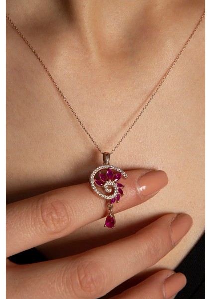 925 Ayar Gümüş Rose Kaplama Fuşya Renkli Spiral Snail Tasarım Kolye