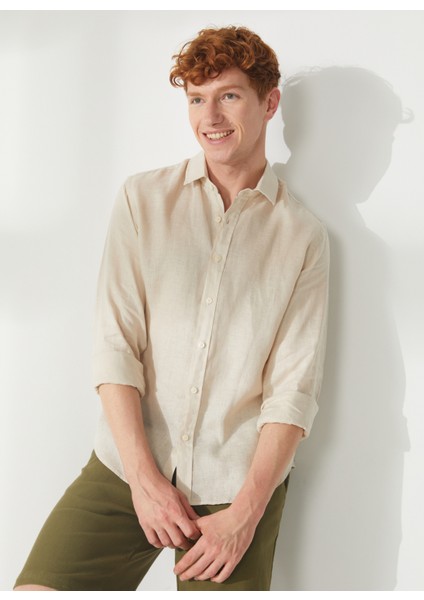 Slim Fit Düğmeli Yaka Taş Erkek Gömlek A266CARLL20-