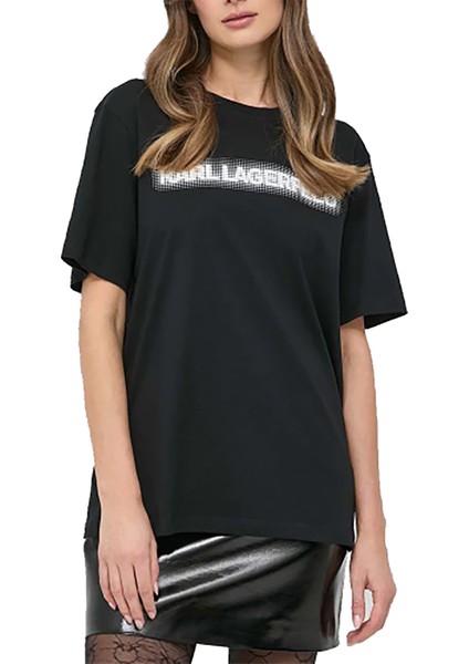 Bisiklet Yaka Baskılı Siyah Kadın T-Shirt 230W1782 modelleri