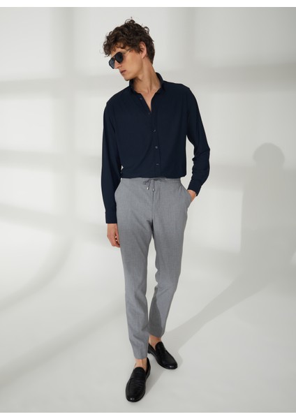 Slim Fit Düğmeli Yaka Lacivert Erkek Gömlek A266CARLST98-