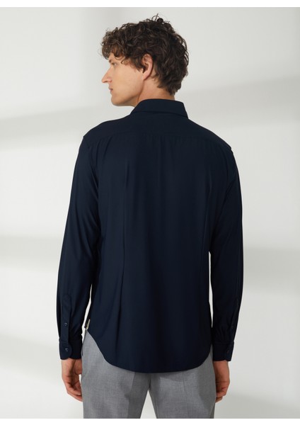 Slim Fit Düğmeli Yaka Lacivert Erkek Gömlek A266CARLST98-