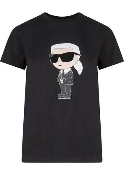 Bisiklet Yaka Baskılı Siyah Kadın T-Shirt 230W1700