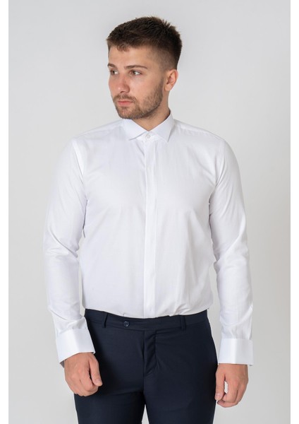 Roma G2023 Likralı Pamuklu Slim Fit Ata Yaka Gömlek Beyaz