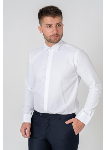 Roma G2023 Likralı Pamuklu Slim Fit Ata Yaka Gömlek Beyaz