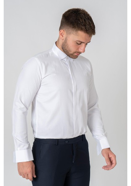 Roma G2023 Likralı Pamuklu Slim Fit Ata Yaka Gömlek Beyaz