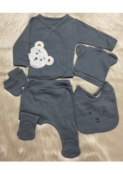 Yeni Sezon 5 Parça Erkek Ayı Aplikeli Yeni Doğan Hastane Çıkış Zıbın Seti