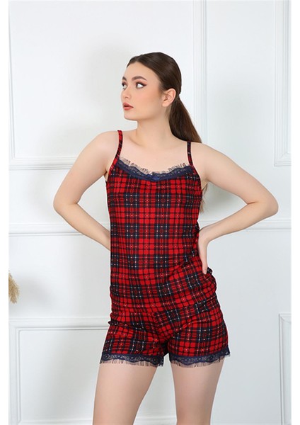 Kadın Ip Askılı Ekoseli Şortlu Takım 3599