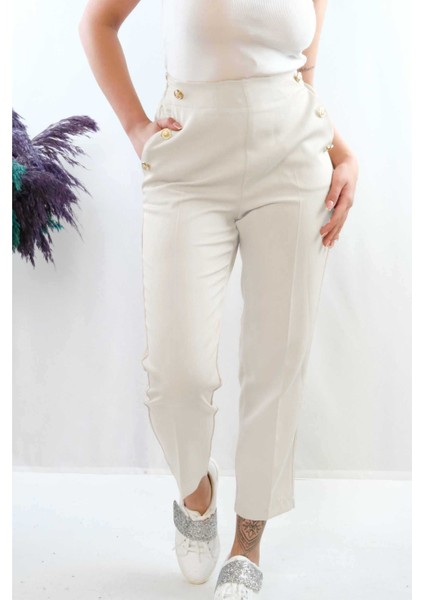 Düğme Aksesuarlı Yüksek Bel Pantolon Ekru