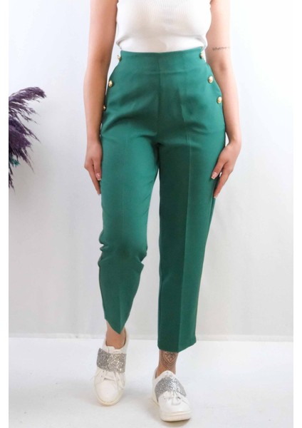 Düğme Aksesuarlı Yüksek Bel Pantolon Zümrüt