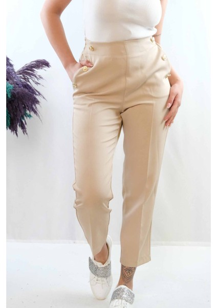 Düğme Aksesuarlı Yüksek Bel Pantolon Bej