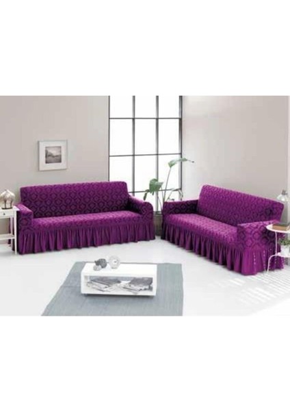 Jakarlı Koltuk Örtüsü 3+3 Çekyat Mürdüm