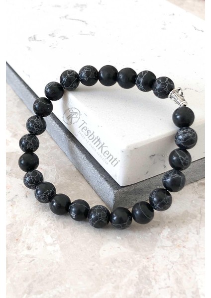 Siyah Beyaz Cizgili Obsidyen Taşı Bileklik