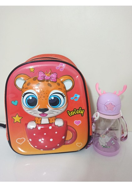 Lovely Fincan Kedi Kabartmalı Kreş, Anaokulu Çantası ve 500 ml Geyikli Çocuk Su Matarası Hediye Seti