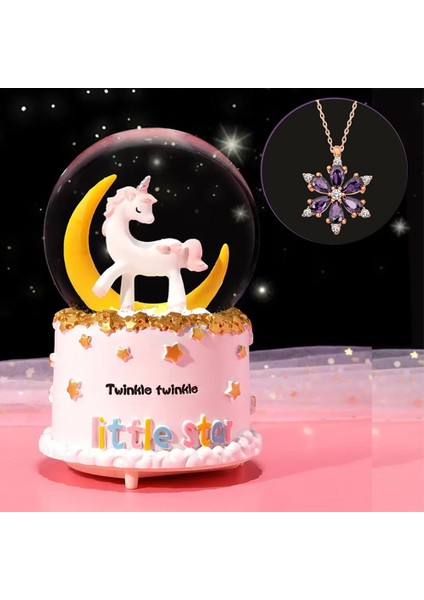 Sevgiliye Hediye Unicorn Işıklı Müzikli Kar Küresi ve ,lotus Çiçeği Kolye