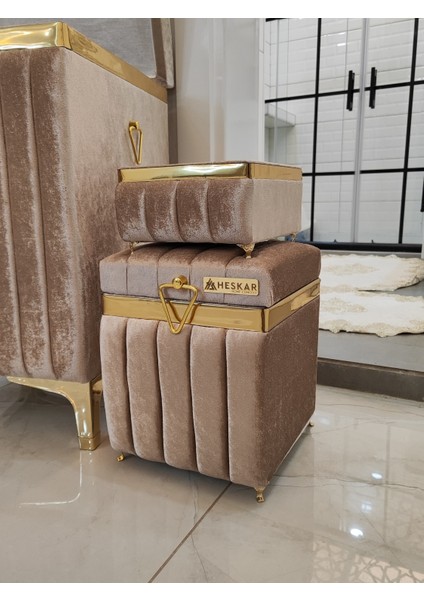 3 Parça Kare Kapuçino Renk Altın Şeritli Lüks Kadife Banyo Kirli Çamaşır Sepeti fırsatları