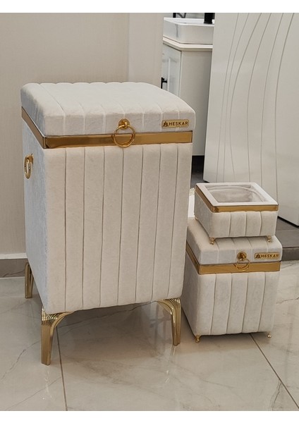 3 Parça Kare Krem Renk Altın Şeritli Lüks Kadife Banyo Kirli Çamaşır Sepeti