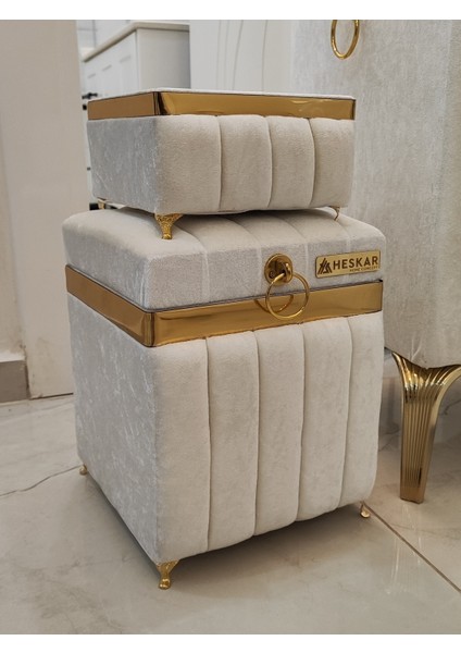 3 Parça Kare Krem Renk Altın Şeritli Lüks Kadife Banyo Kirli Çamaşır Sepeti fiyatları