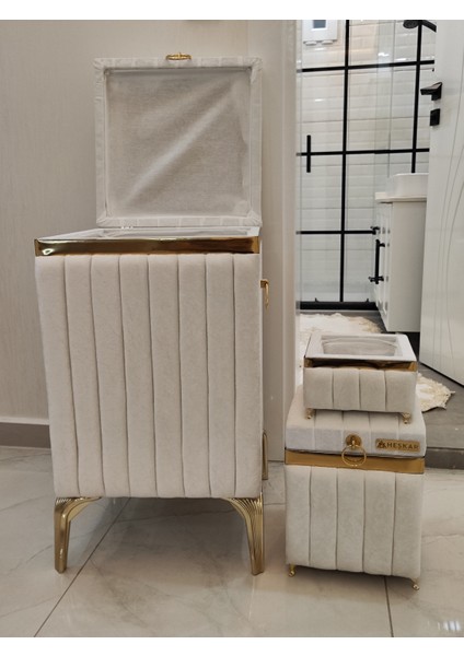 3 Parça Kare Krem Renk Altın Şeritli Lüks Kadife Banyo Kirli Çamaşır Sepeti fırsatları