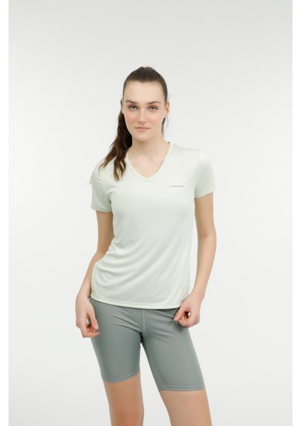 W-CT127 Basıc Pes V Neck Pastel Yesıl Kadın Kısa Kol T-Shirt