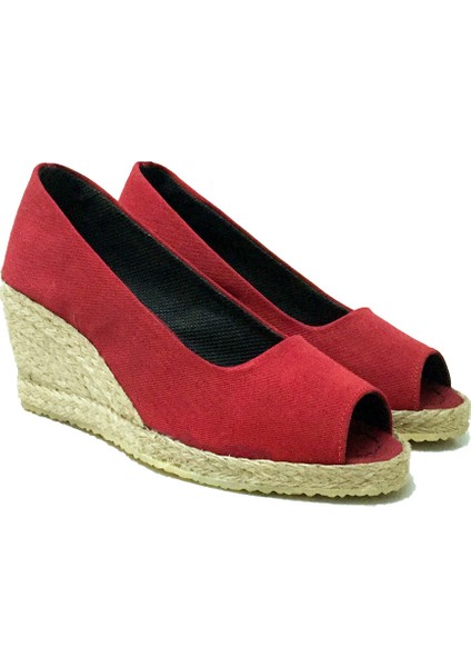 Burnu Açık Dolgu Topuk Kırmızı Bayan Keten Hasır Ayakkabı fiyatları
