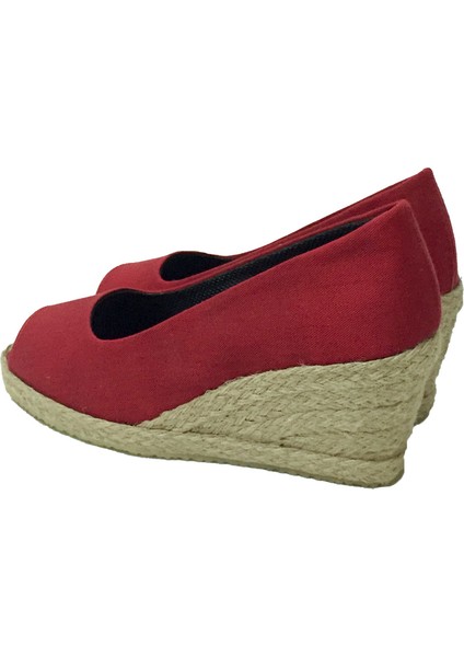 Burnu Açık Dolgu Topuk Kırmızı Bayan Keten Hasır Ayakkabı modelleri