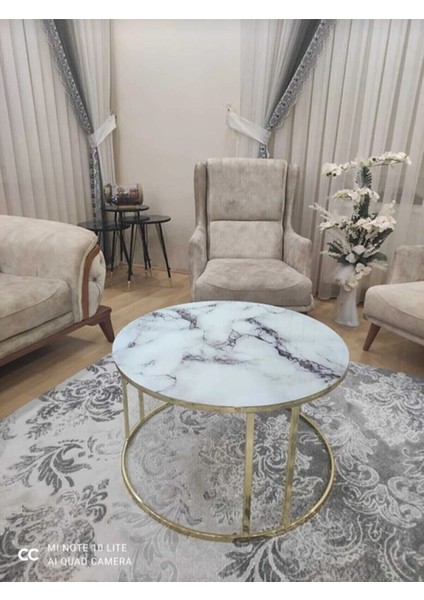 Gold Metal Ayaklı Temperli Cam Orta Sehpa