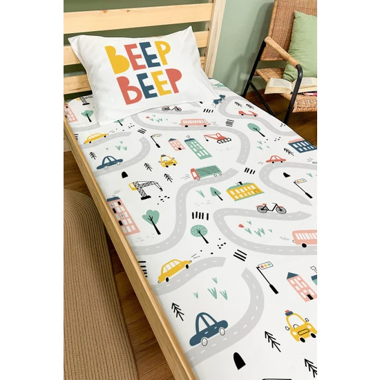 Tuğba Kuğu Lastikli Çarşaf Seti (90 x 190 + 20 cm) - Pure Baby Serisi - Beep Beep