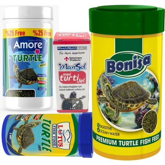 Amore Turtle Green Sticks 125 + 250 + 100 ml Bonisa Lotus Su Kaplumbağası Yemi ve Vitamin Seti