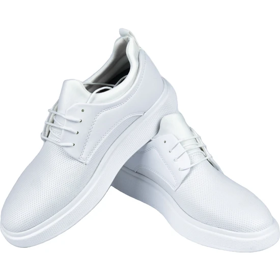 Elevold Beyaz Renk Iğne Baskı Görünümlü +7cm Boy Uzatan Gizli Topuklu Erkek Spor Ayakkabı Sneaker