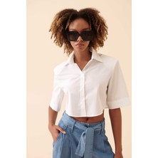 ROMAN Crop Poplin Kadın Gömlek Beyaz Y2313538_002