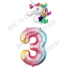Bal10 Dünyası Unicorn Folyo Balon ve Gökkuşağı Rakam Folyo Balon Seti 3