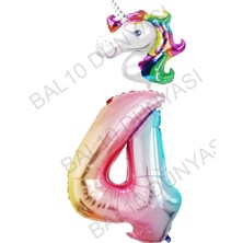 Bal10 Dünyası Unicorn Folyo Balon ve Gökkuşağı Rakam Folyo Balon Seti 4