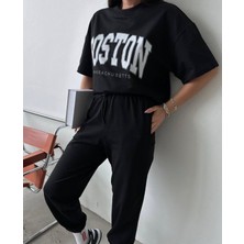 Amor Man Özel Tasarım Boston Baskılı %100 Pamuk Kısa Kollu Yazlık Dış Mekan Kadın Eşofman Takımı