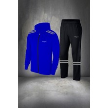 Poseidon Storm Erkek Mavi Supra Penye Rahat Fermuarlı Kapüşonlu Eşofman Alt Üst Set S 3xl
